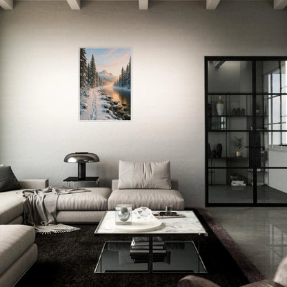 „Whispers of Winter“ Poster im Esszimmer – Winterlandschaft mit Bergen und Fluss als stilvolle Wandgestaltung