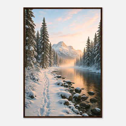 Winter Poster „Whispers of Winter“ mit verschneiter Berglandschaft im dunklen Holzrahmen – stilvolle Natur Wanddeko