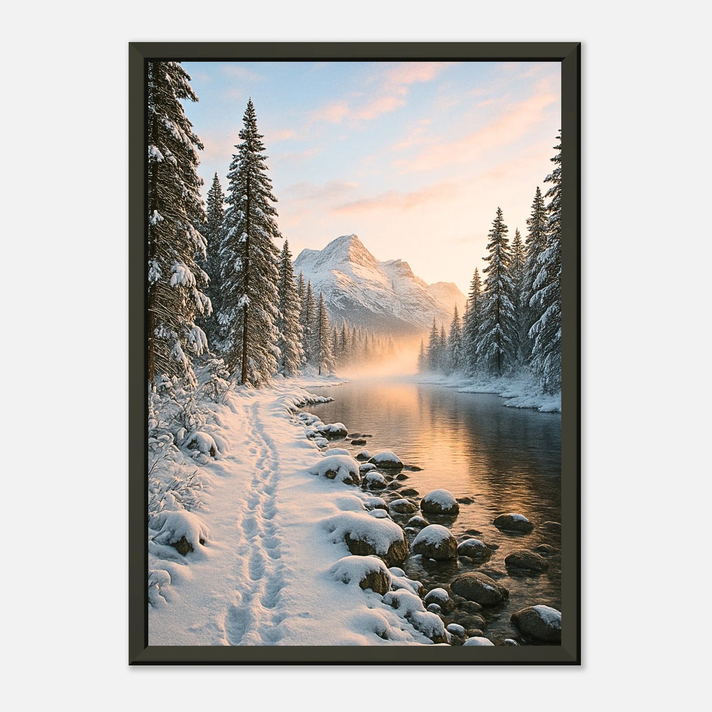 Whispers of Winter Poster mit schwarzem Metallrahmen – sanfte Reflexion des Lichts auf der Glasoberfläche, verschneite Berge und ruhige Naturkulisse, stilvoller Winterdruck.
