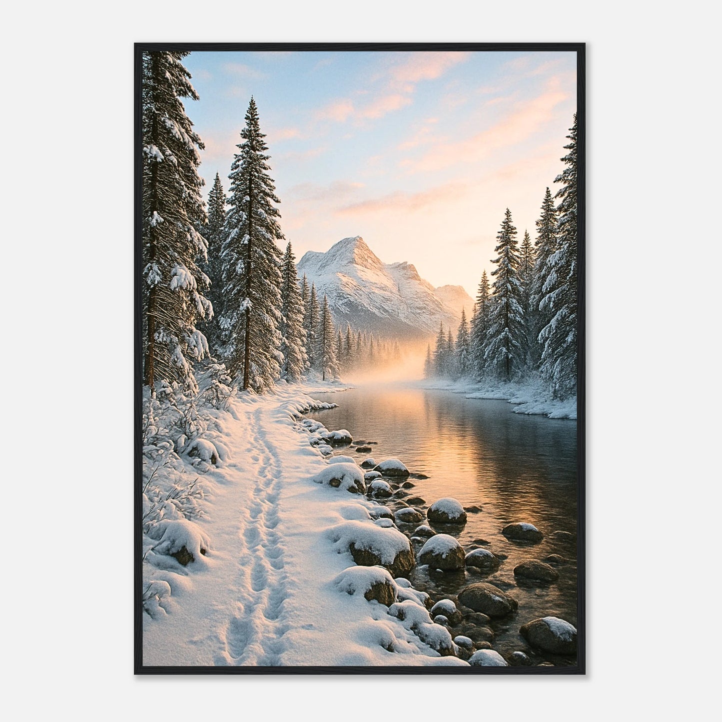Winterlandschaft Poster „Whispers of Winter“ – verschneite Berge im schwarzen Rahmen als modernes Wandbild