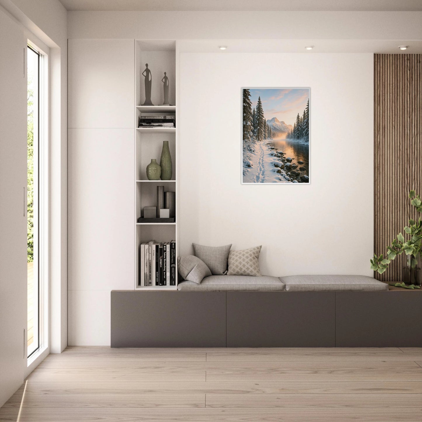 Wandbild „Whispers of Winter“ mit Winterlandschaft im Wohnzimmer – dekoratives Poster mit verschneiter Bergszene