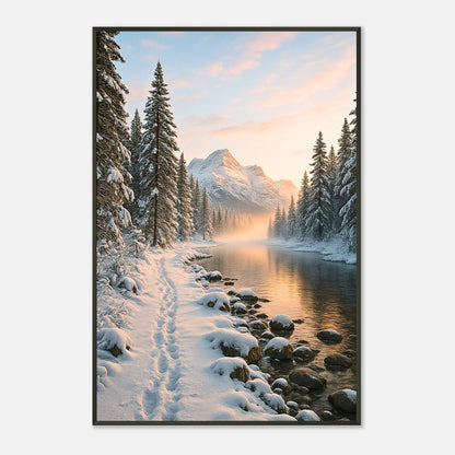 Whispers of Winter Wandbild in Seitenansicht – schwarze Metallrahmenkante mit winterlicher Berglandschaft, leuchtender Himmel und weicher Schneefluss, elegante Raumdekoration.