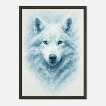 Detailaufnahme des White Alpha Posters – feine Fellstruktur und intensiver Blick des weißen Wolfs auf hochwertigem Kunstdruck.