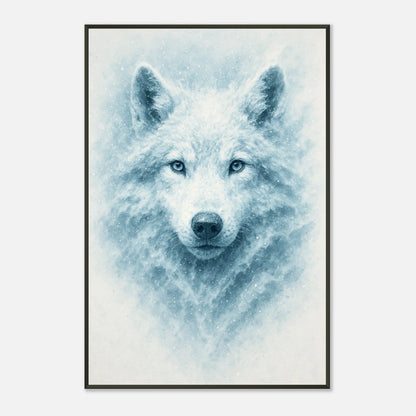 White Alpha Poster in Schrägansicht – faszinierendes Tiermotiv mit Lichtreflexen und elegantem schwarzem Metallrahmen.