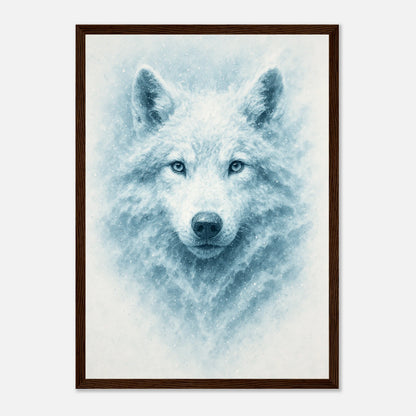 White Alpha Poster mit dunkelbraunem Holzrahmen – edles Wolfsbild für Wohnzimmer oder Büro