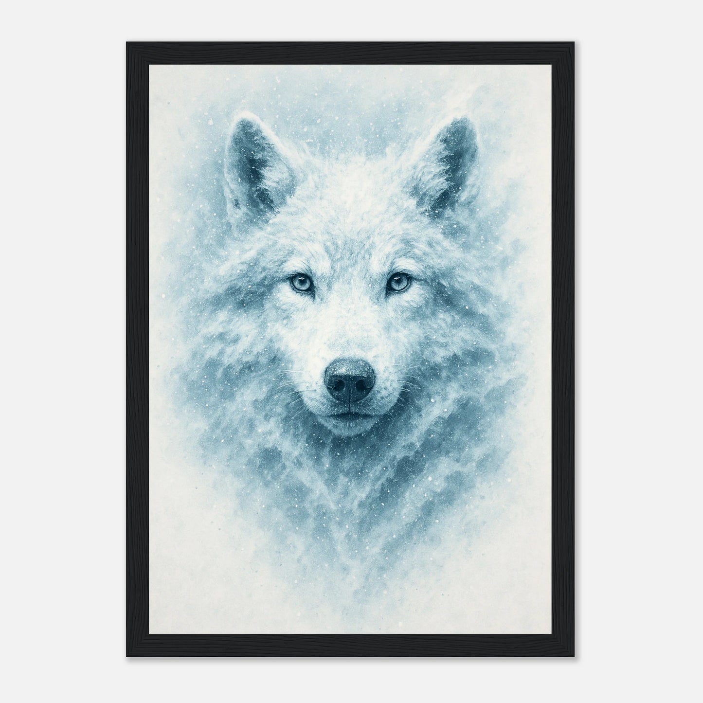 White Alpha Poster mit schwarzem Holzrahmen – majestätisches Wolf Porträt in kräftigen Kontrasten