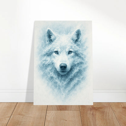 Unframed White Alpha Wolf Poster standing on wooden floor – nature art print, snowy wolf design.
