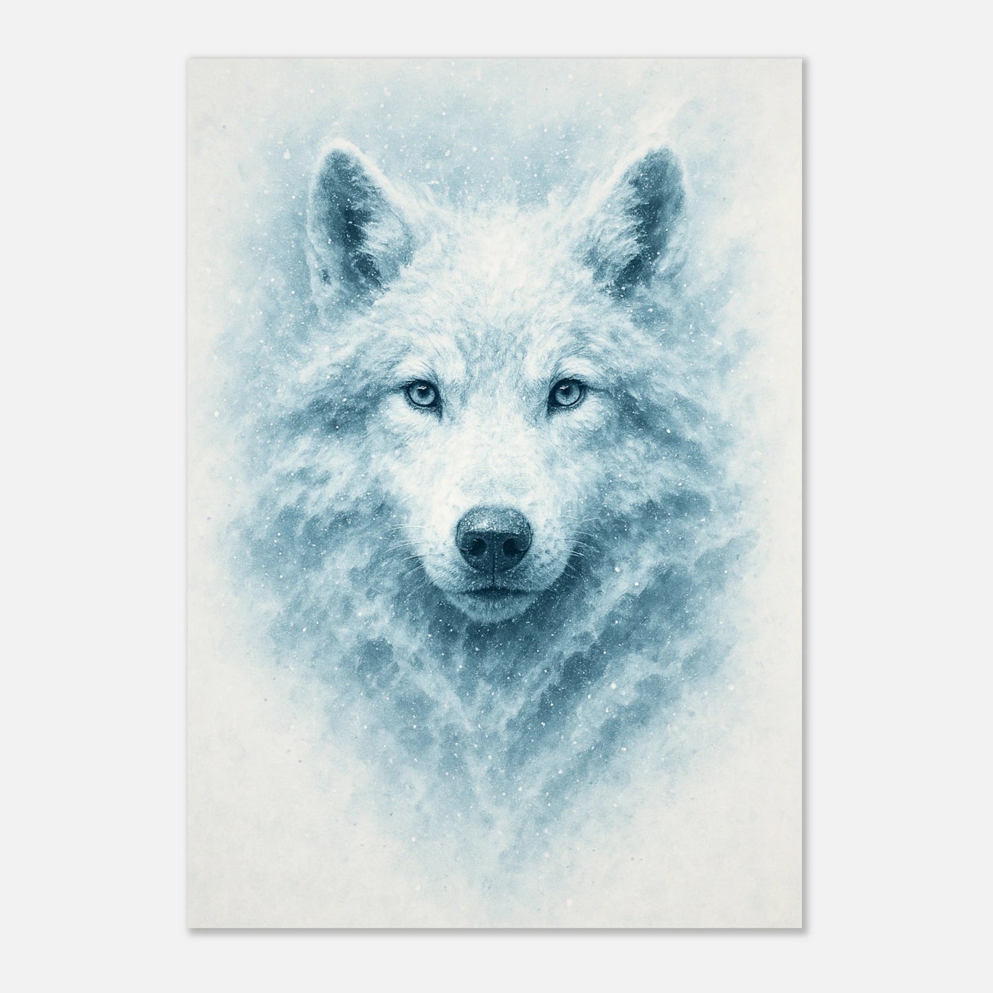 White Alpha Wolf Poster – close-up view of detailed animal art print, snowy wilderness, minimalist Nordic design.