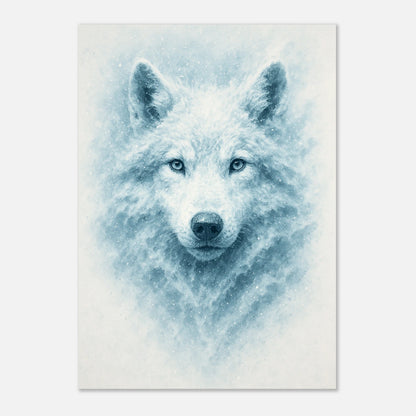 White Alpha Wolf Poster – close-up view of detailed animal art print, snowy wilderness, minimalist Nordic design.