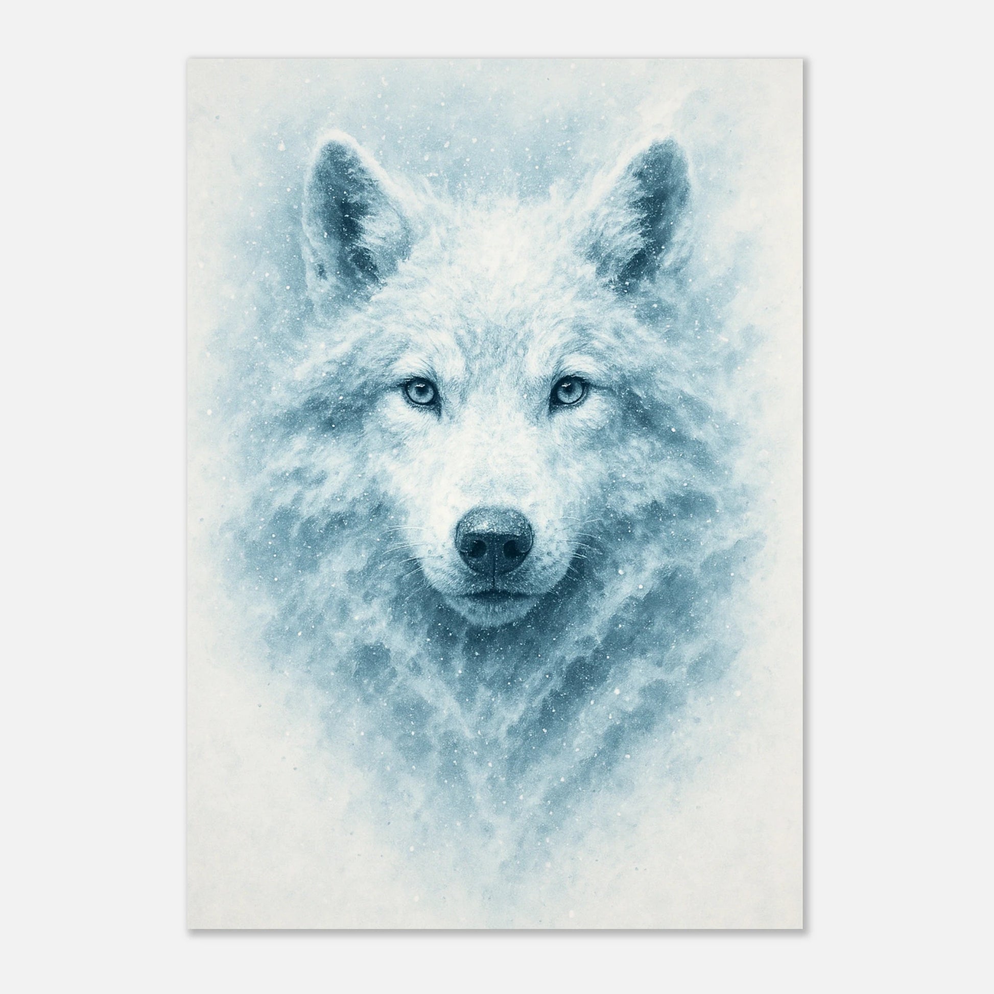 White Alpha Wolf Poster – stylish bedroom interior with large wall art, minimalist and modern decor.