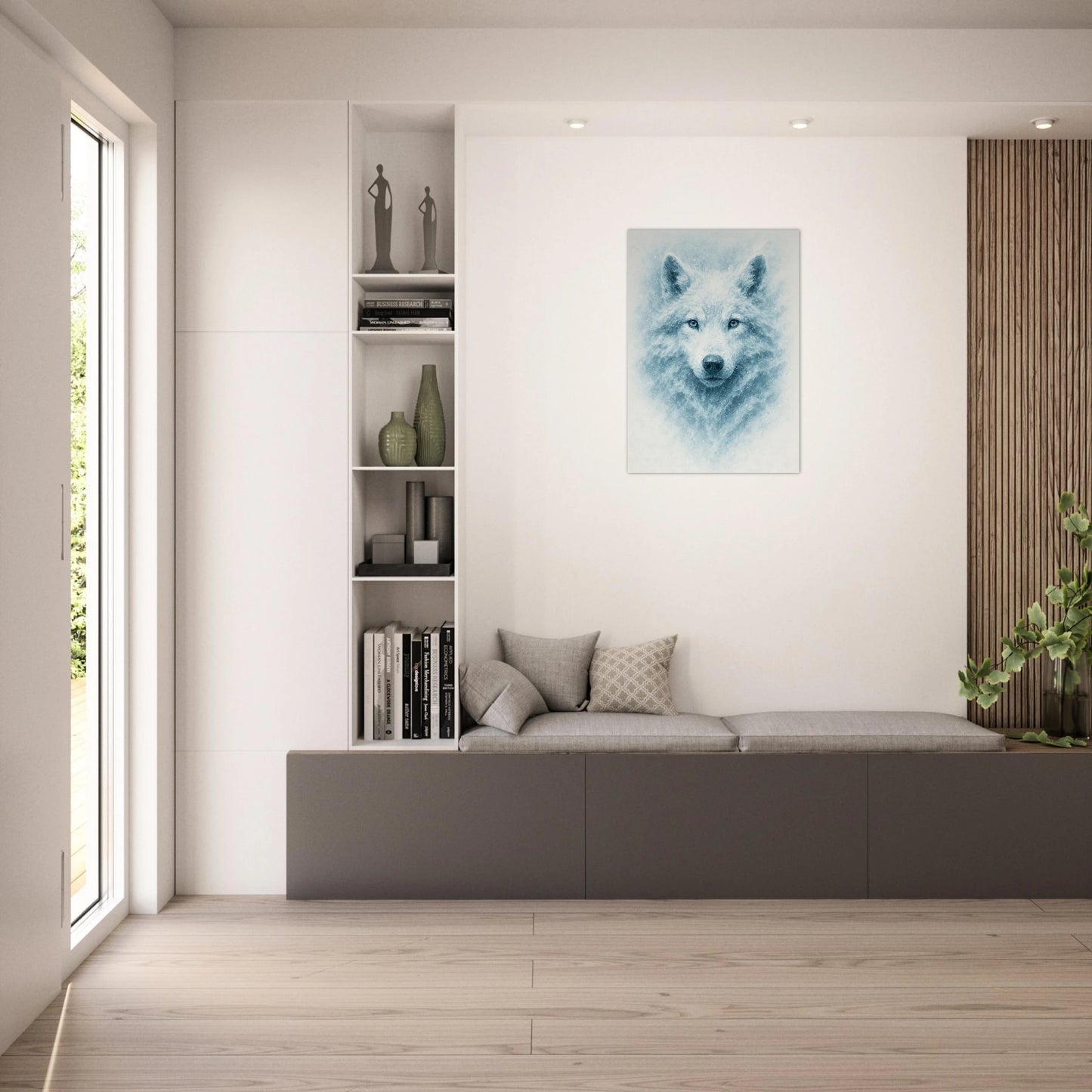 White Alpha Wolf Poster in cozy living room – animal wall art for Scandinavian-inspired home decoration.