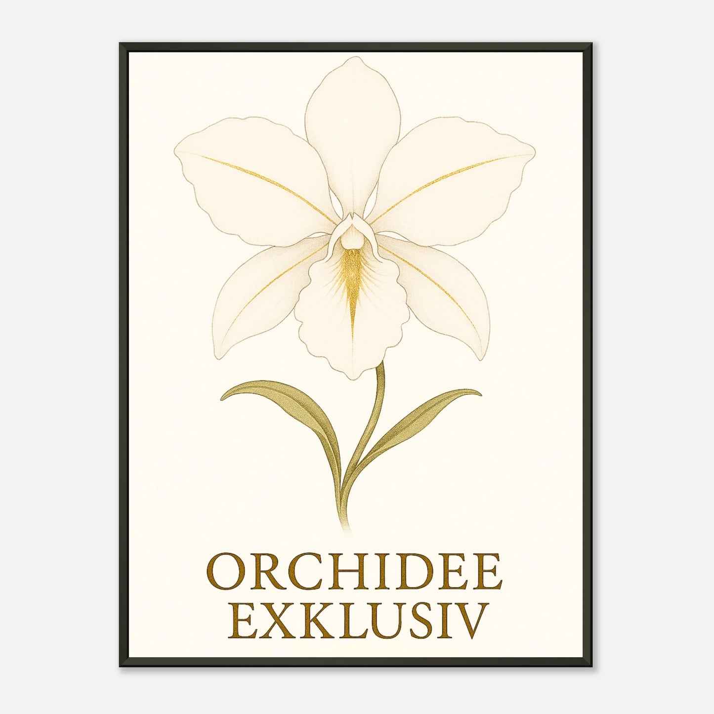 White Orchid Poster im schwarzen Metallrahmen – elegante botanische Illustration einer weißen Orchidee mit goldenen Akzenten auf hellem Hintergrund von Defa Designs.