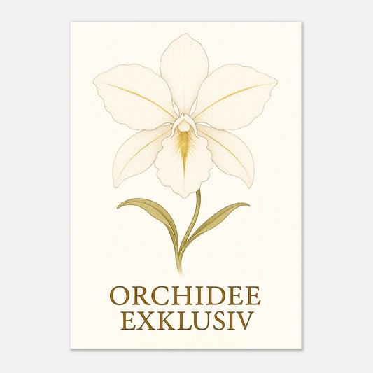 Premium Poster „White Orchid“ – elegante weiße Orchideenblüte mit goldenen Akzenten, hochwertige Wanddeko ohne Rahmen.