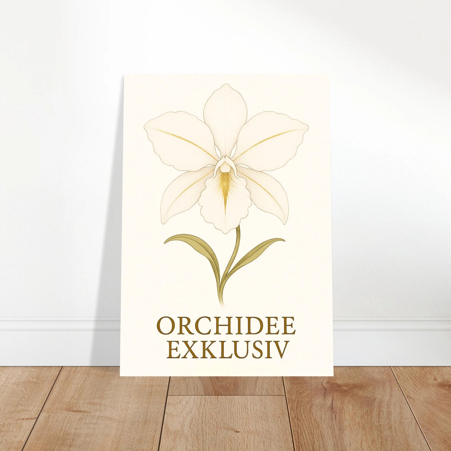 „White Orchid“ Poster – elegante weiße Orchideenblüte als stilvolle Wanddekoration im Wohnzimmer, modernes Interieur.