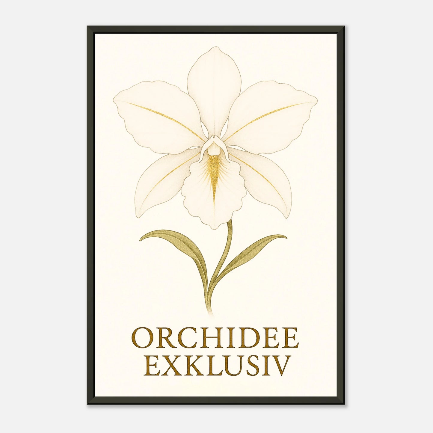 Seitliche Ansicht des White Orchid Posters mit goldener Schrift „Orchidee Exklusiv“ – stilvolle florale Wandkunst im schwarzen Metallrahmen.