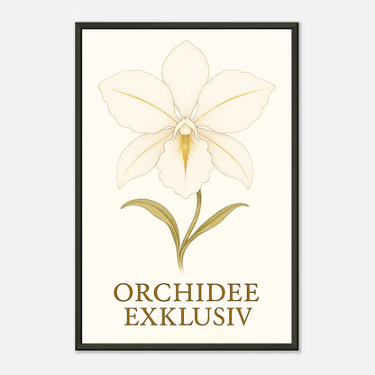 Seitliche Ansicht des White Orchid Posters mit goldener Schrift „Orchidee Exklusiv“ – stilvolle florale Wandkunst im schwarzen Metallrahmen.