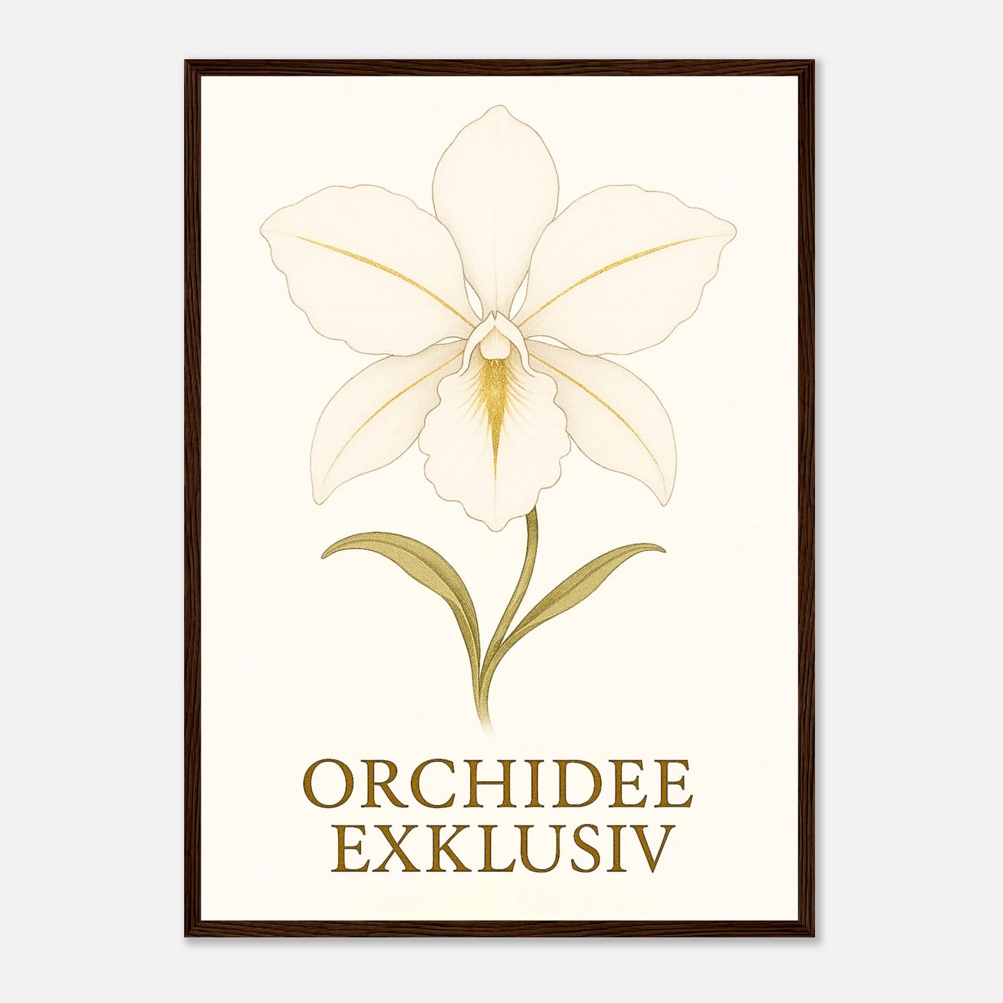White Orchid Poster mit dunkelbraunem Holzrahmen – exklusives Orchideenbild als Wanddeko