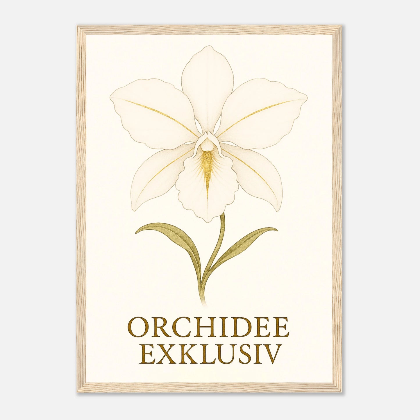 White Orchid Poster mit hellbraunem Holzrahmen – stilvolles Orchideenmotiv für Wohnzimmer oder Büro