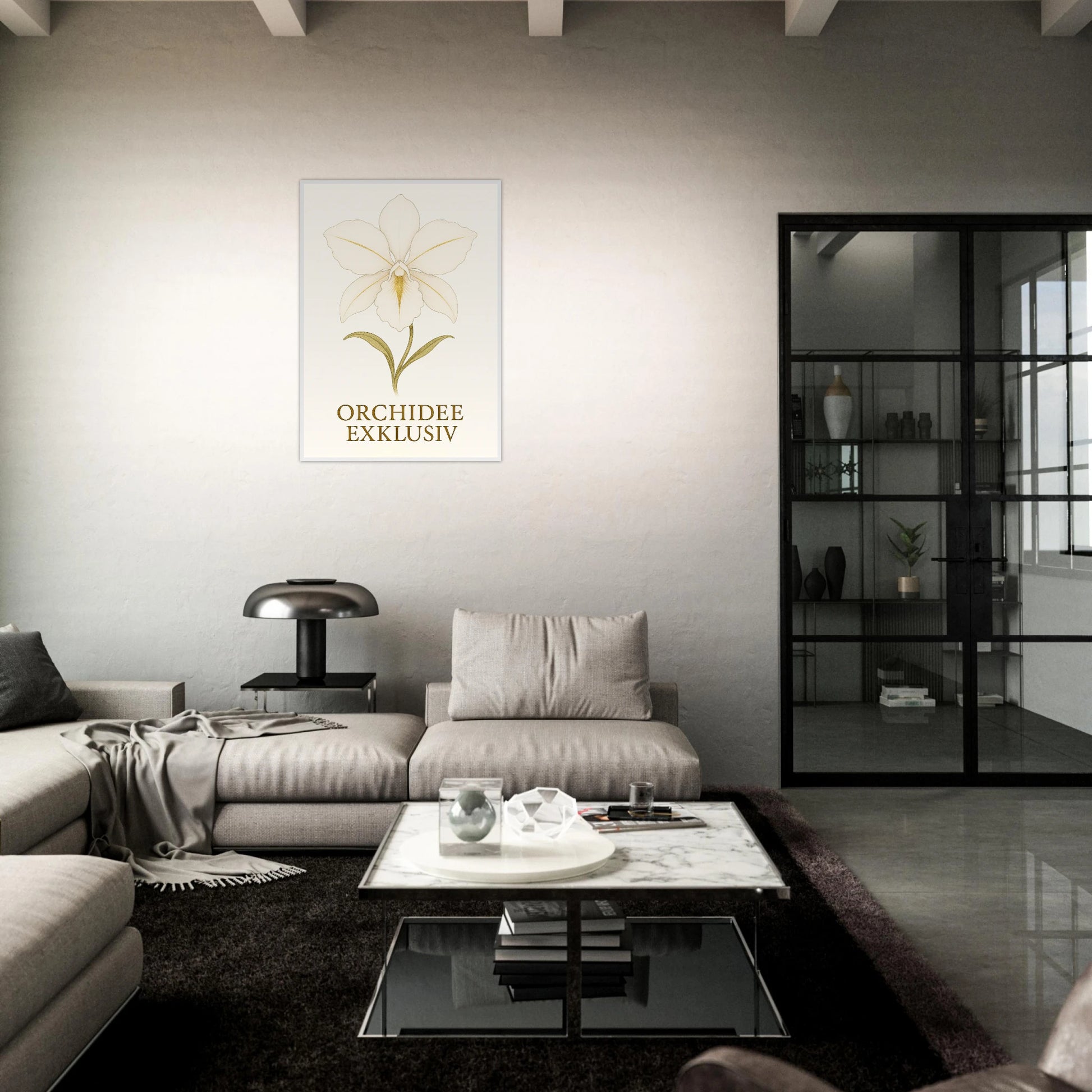 White Orchid Poster – exklusives Orchideen Wandbild über Sofa im modernen Wohnzimmer