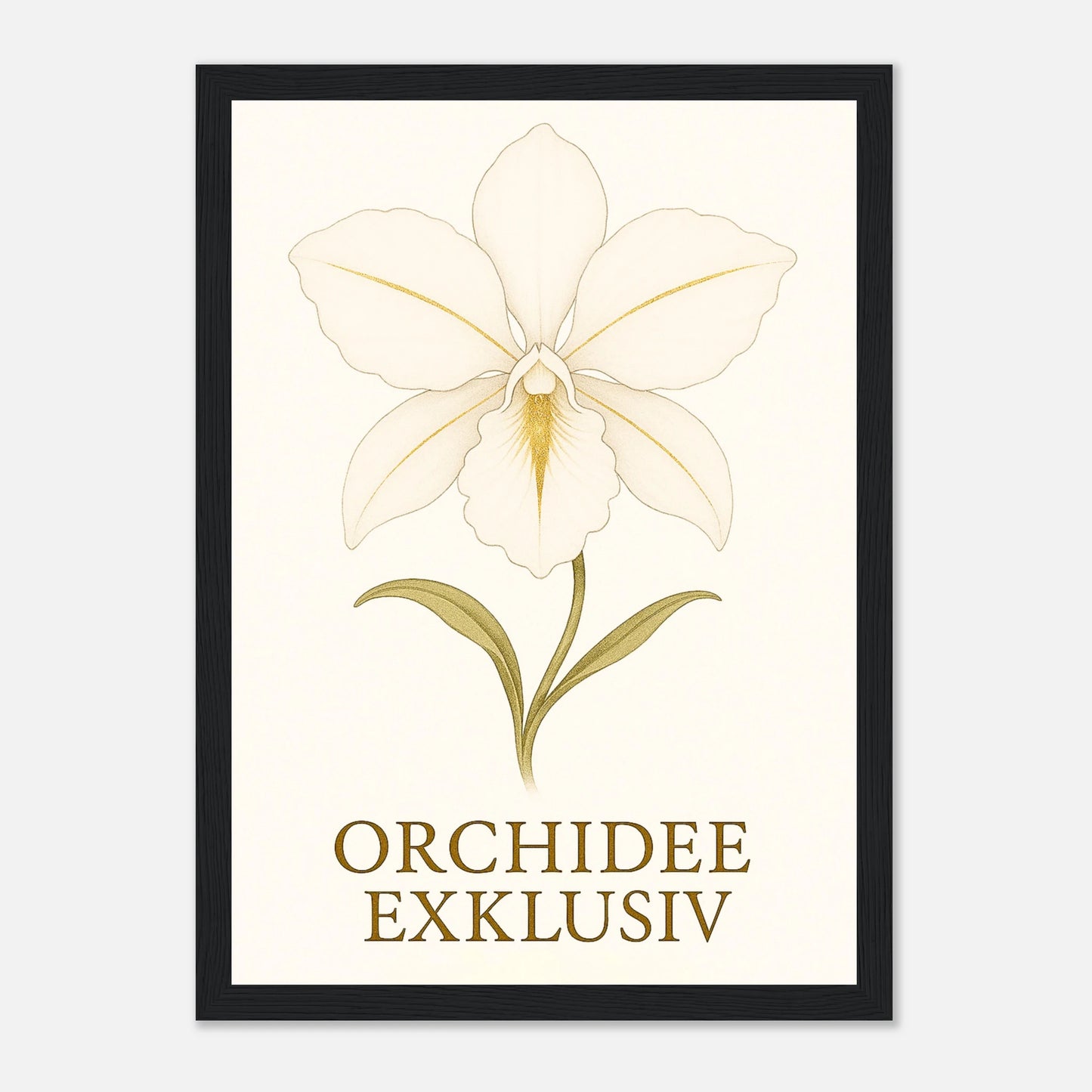 White Orchid Poster mit schwarzem Holzrahmen – elegante Orchideen Wandkunst in modernem Stil