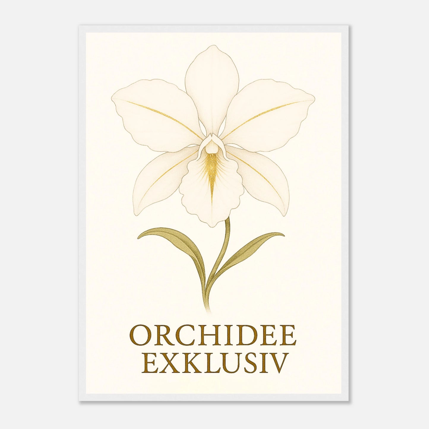 White Orchid Poster mit weißem Holzrahmen – modernes Orchideenbild in sanften Goldtönen