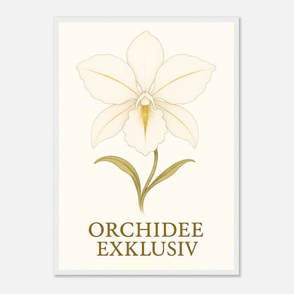 White Orchid Poster mit weißem Holzrahmen – modernes Orchideenbild in sanften Goldtönen