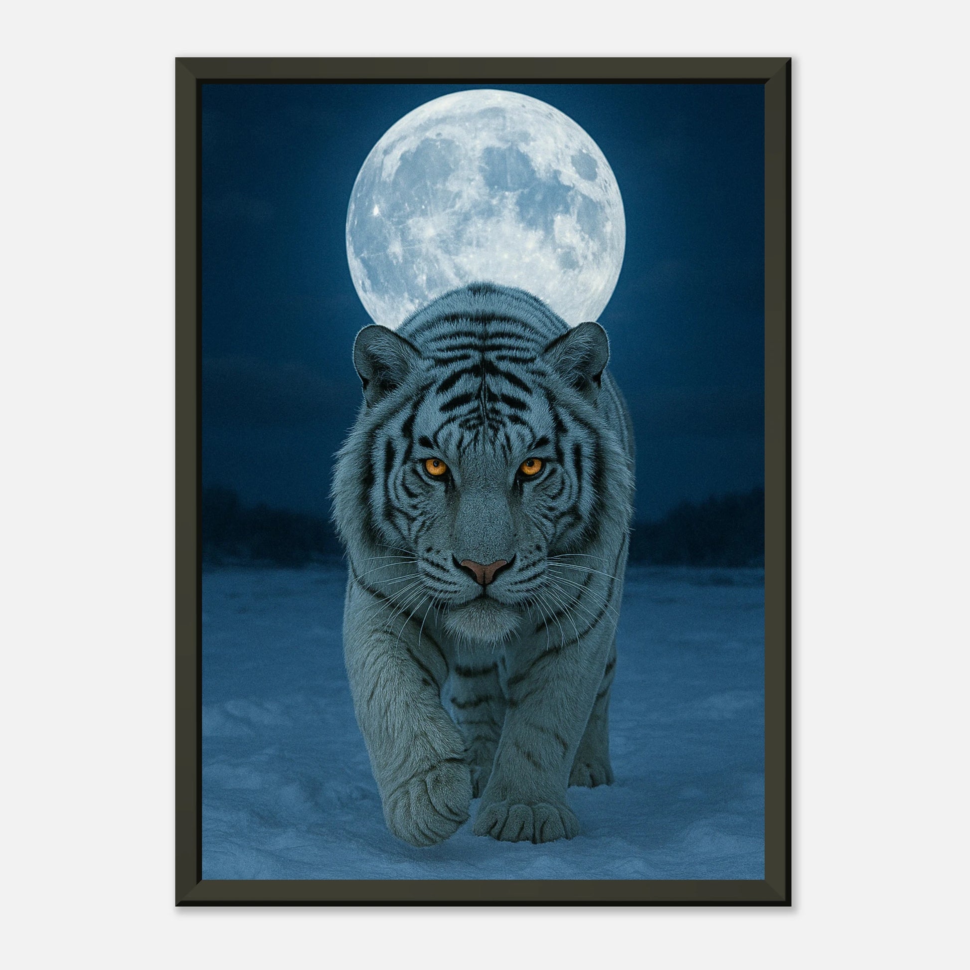Detailaufnahme des White Tiger Posters – faszinierende Fellstruktur, leuchtende Augen und realistische Darstellung im hochwertigen Druck.