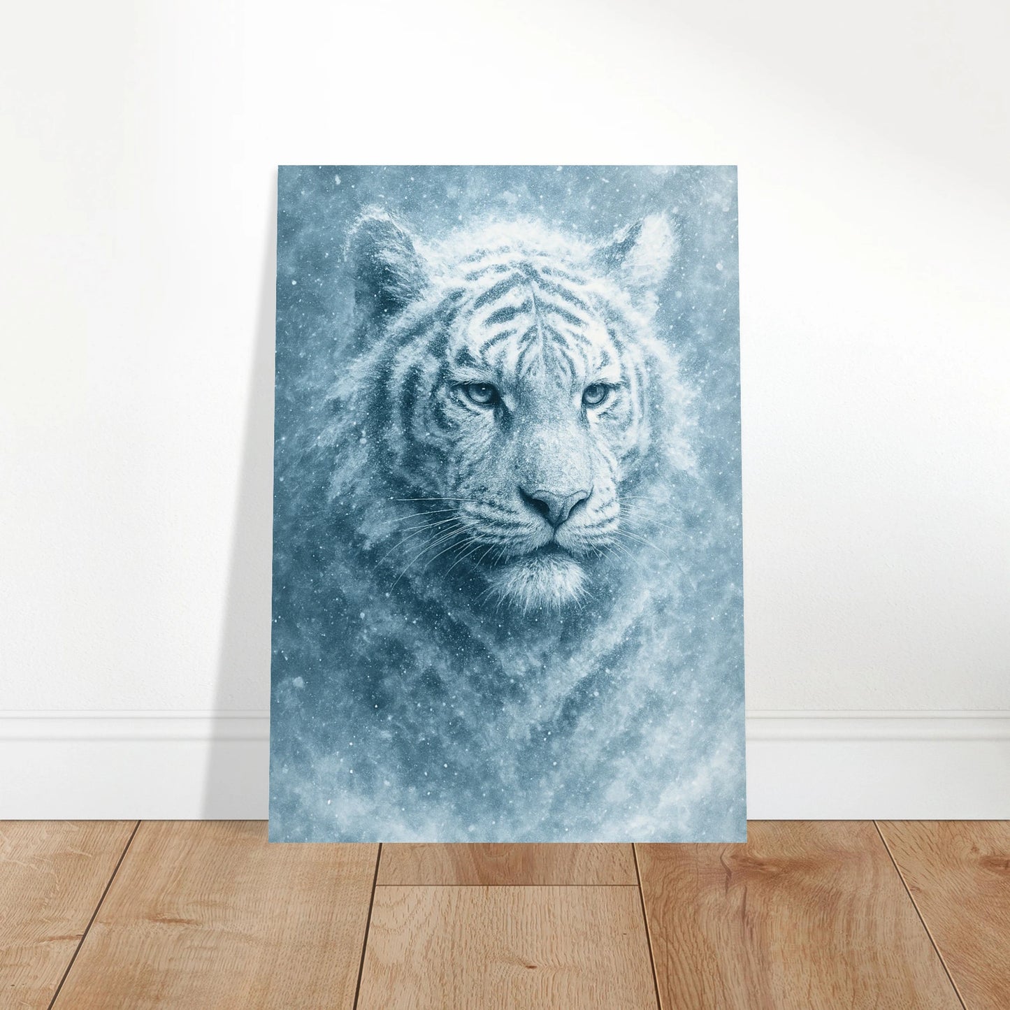 Framed white tiger art leaning on wall – arctic animal decor with strong presence