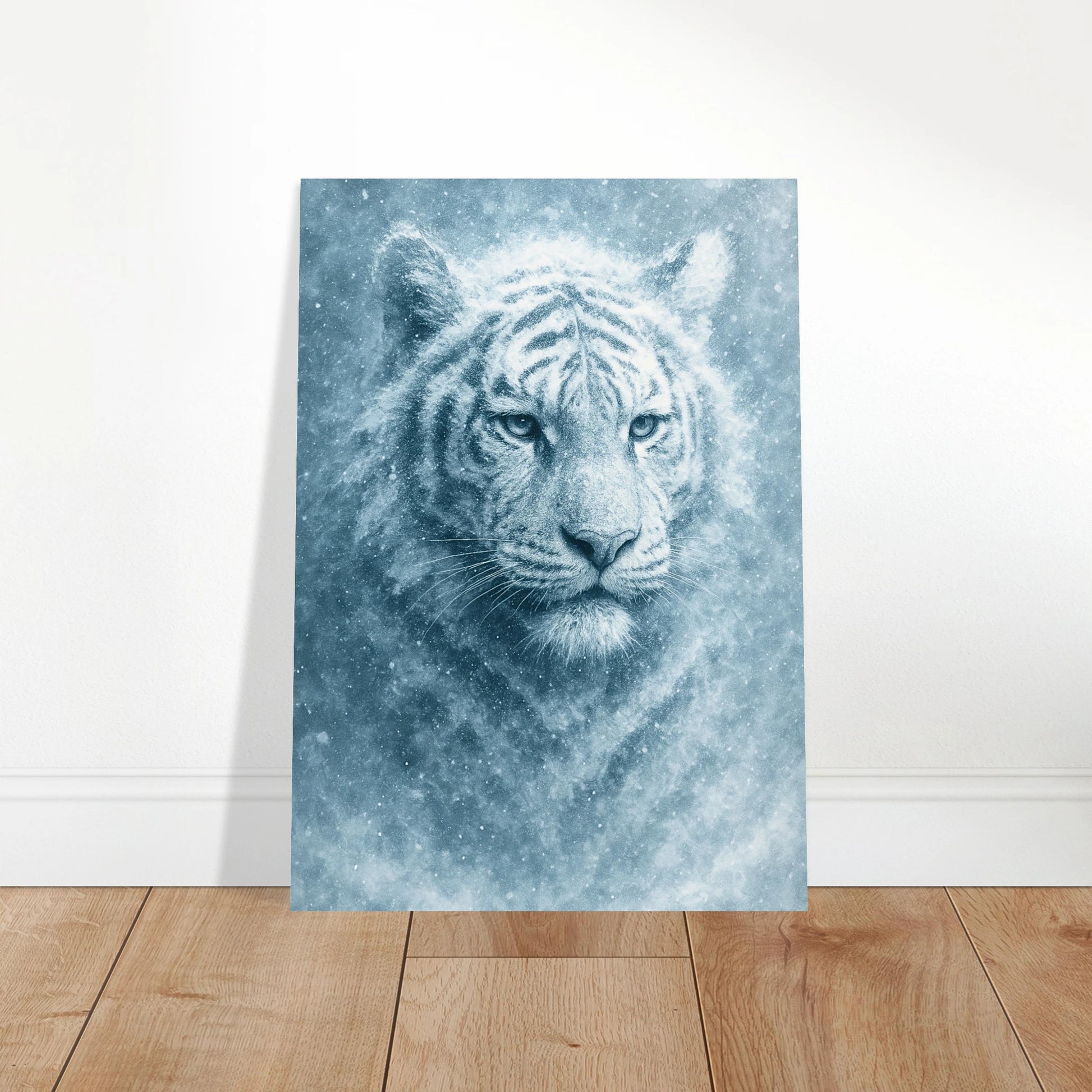 Framed white tiger art leaning on wall – arctic animal decor with strong presence