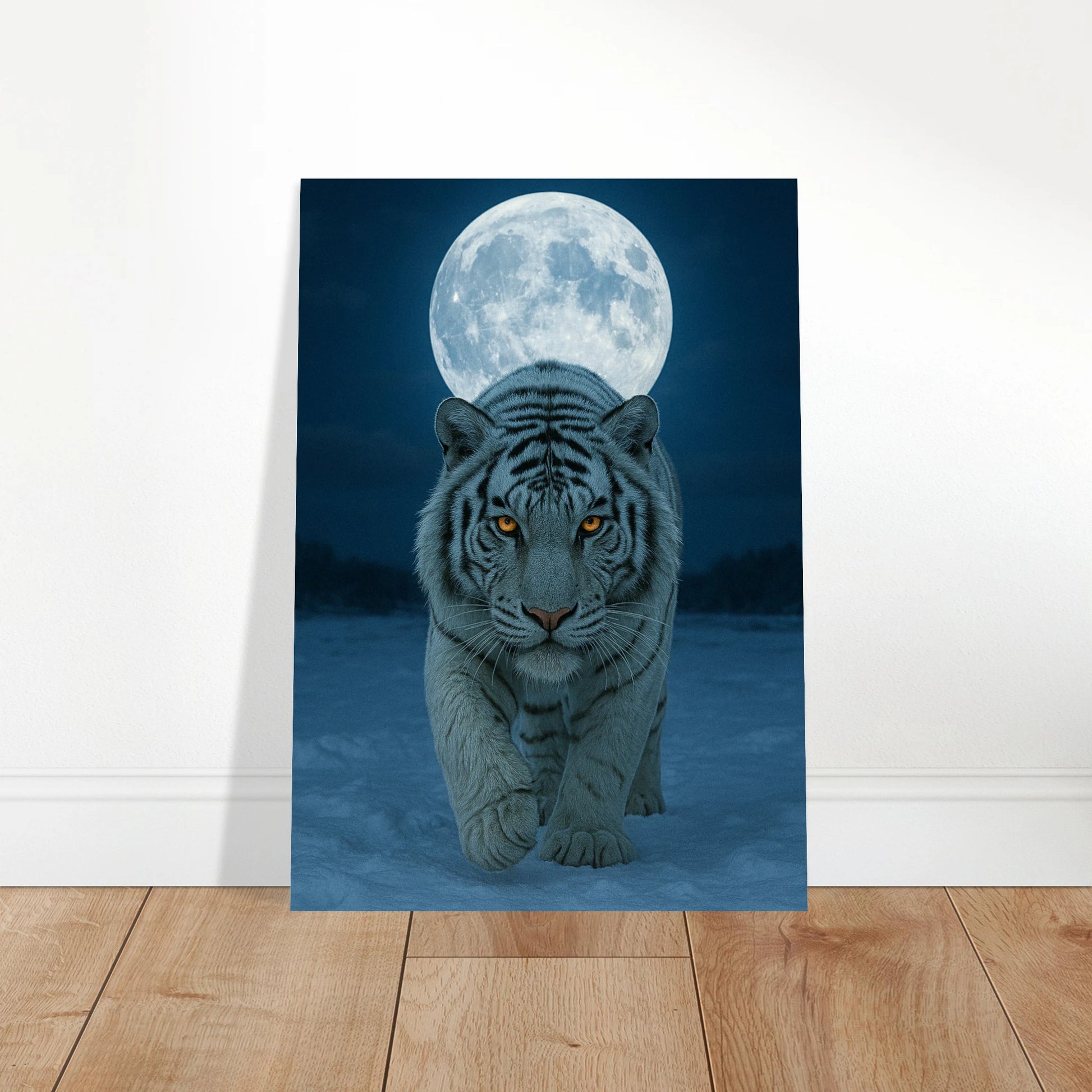 Unframed white tiger wall art – rare moonlight poster with minimalist feel and natural strength.