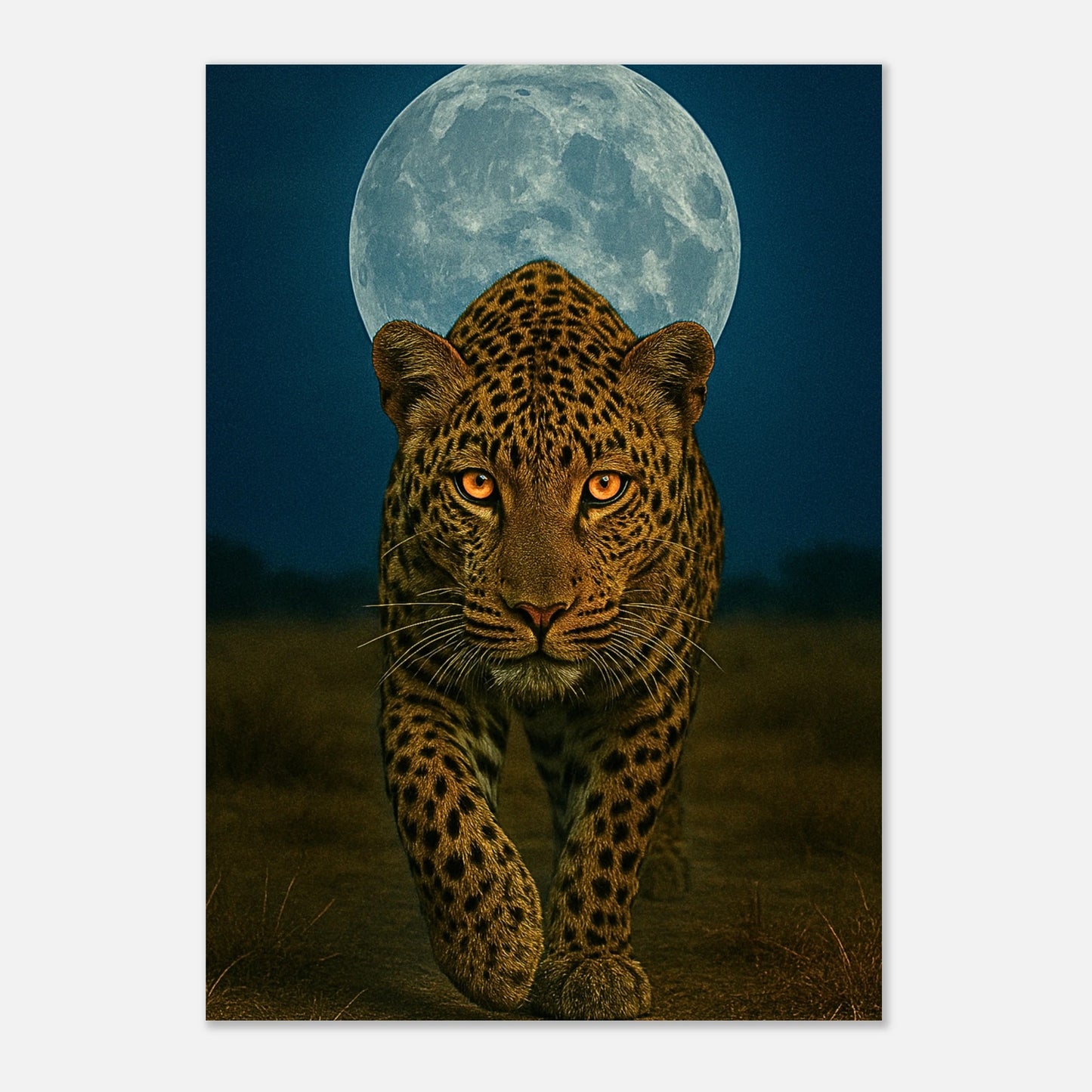 Wild leopard poster with full moon – unframed wall art print for nature lovers
