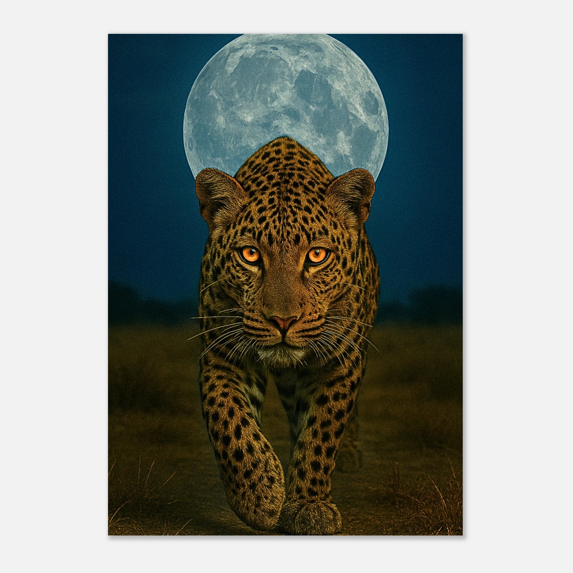 Wild leopard poster with full moon – unframed wall art print for nature lovers