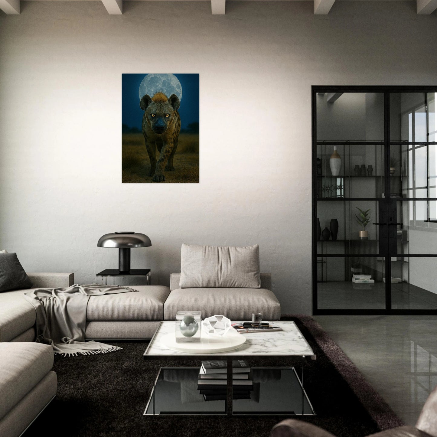 Wild Nights Poster – naturinspirierte Hyänen-Kunst für gemütliche und moderne Wohnräume.