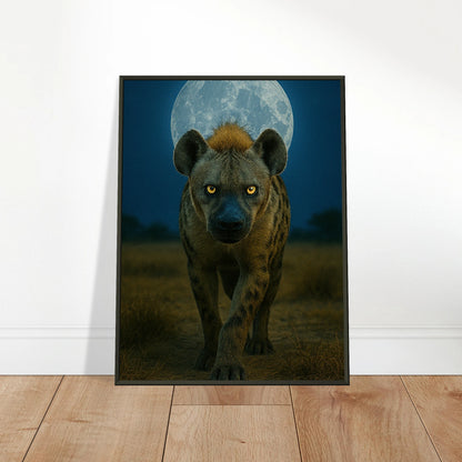 Wild Nights Hyäne Poster an die Wand gelehnt – afrikanisches Tiermotiv im schwarzen Metallrahmen, kraftvolle Wanddekoration | DEFA Designs