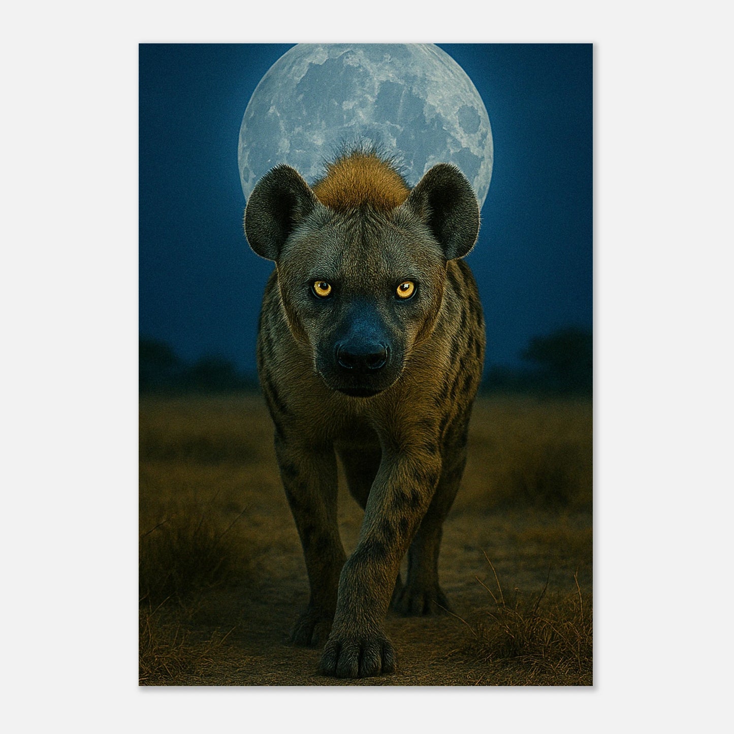 Wild Nights Poster – Hyäne unter Vollmond in afrikanischer Landschaft, hochwertiger Wildlife-Kunstdruck ohne Rahmen.