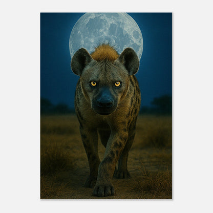 Wild Nights Poster – Hyäne unter Vollmond in afrikanischer Landschaft, hochwertiger Wildlife-Kunstdruck ohne Rahmen.