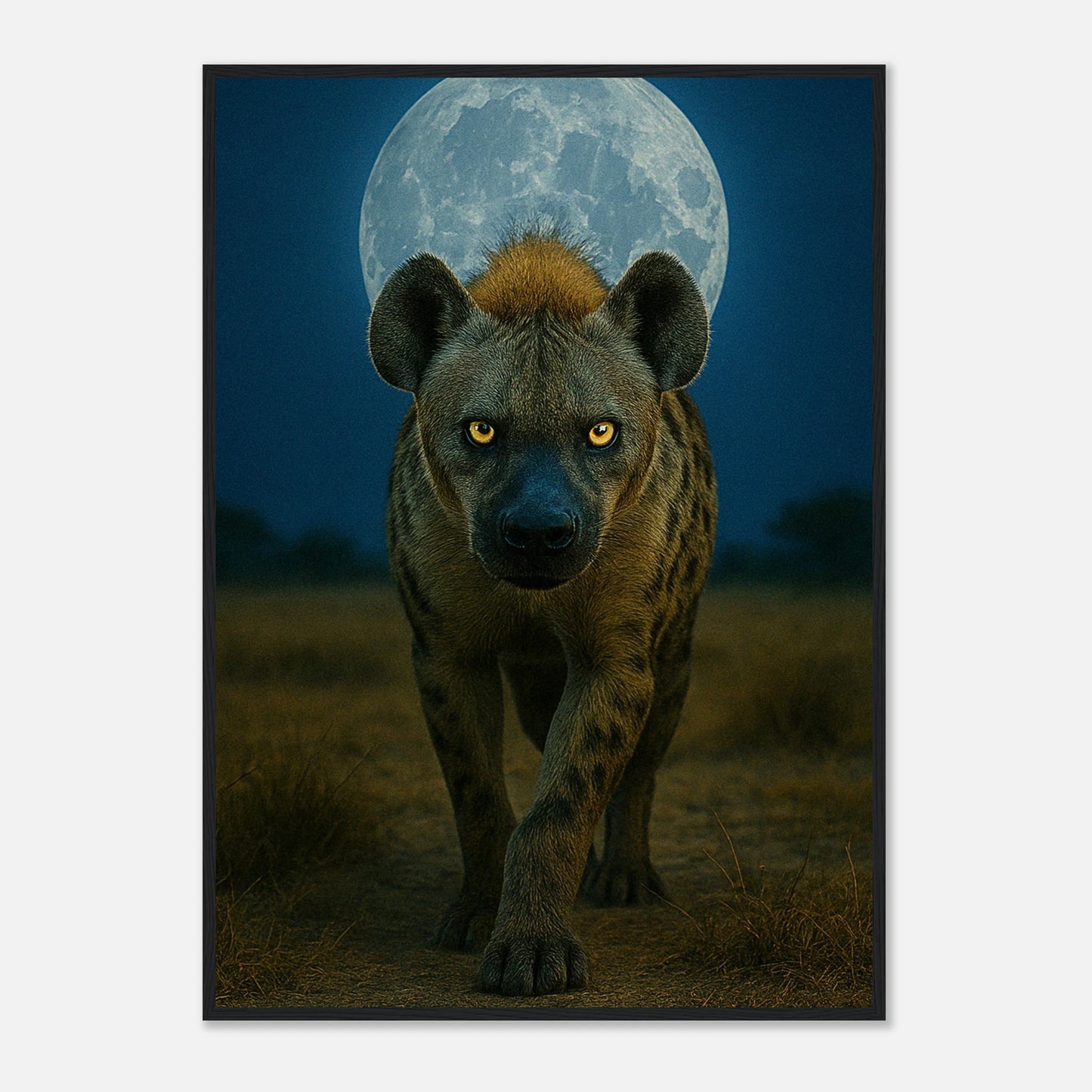Wild Nights Hyänen Poster mit schwarzem Holzrahmen – moderne Wandkunst mit Hyäne im Mondschein.