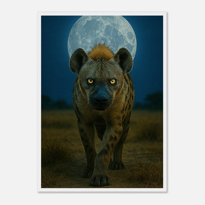 Wild Nights Hyänen Poster mit weißem Holzrahmen – mystisches Tierbild mit Hyäne unter Vollmond.