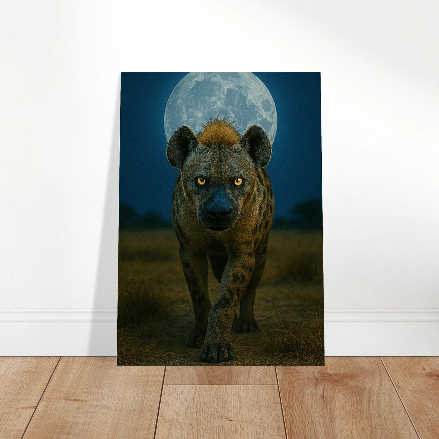 Wild Nights Poster – afrikanische Wildlife-Kunst mit Hyäne im modernen Wohnzimmer.