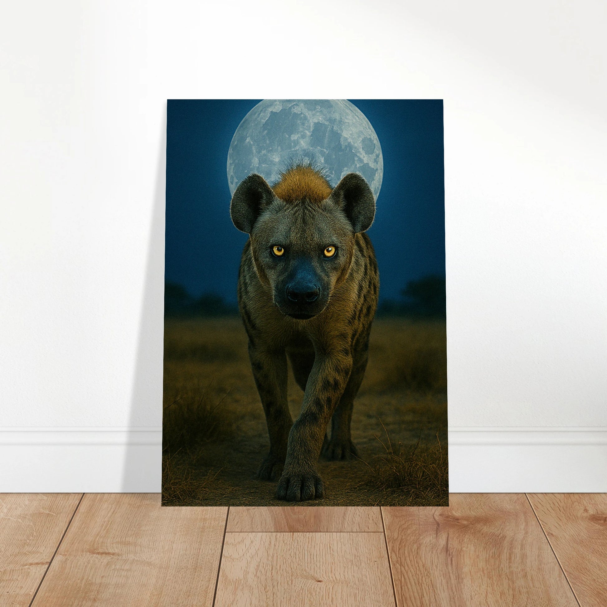 Wild Nights Poster – afrikanische Wildlife-Kunst mit Hyäne im modernen Wohnzimmer.