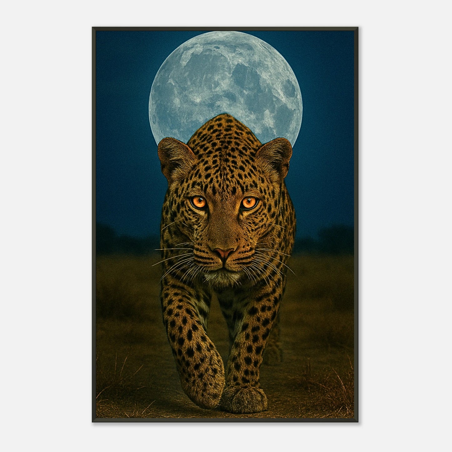 Detailaufnahme des Wild Nights – The Leopard Posters – fokussierter Blick des Leoparden, leuchtende Augen und detailreiches Fell.