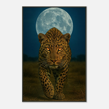 Detailaufnahme des Wild Nights – The Leopard Posters – fokussierter Blick des Leoparden, leuchtende Augen und detailreiches Fell.