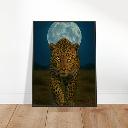 Wild Nights – The Leopard Poster an die Wand gelehnt – ausdrucksstarke Tierkunst mit Leopard unter Vollmond im schwarzen Metallrahmen.