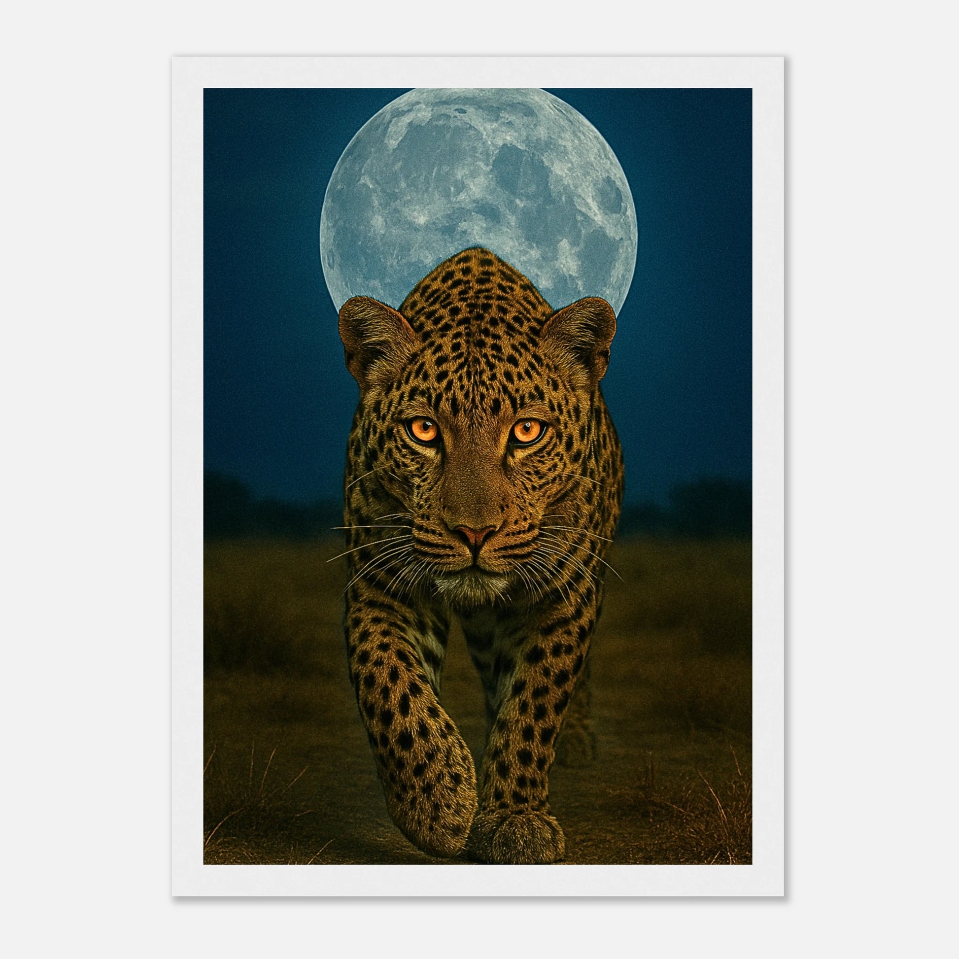 Wild Nights Leopard Poster mit weißem Holzrahmen – edles Wandbild mit Leopard im Mondlicht für moderne Wohnräume.