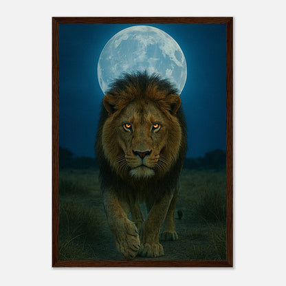 Wild Nights Löwen Poster mit dunkelbraunem Holzrahmen – kraftvolles Tierporträt unter dem Vollmond.