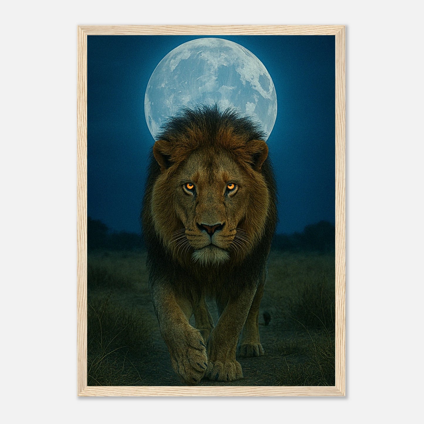 Wild Nights Löwen Poster mit hellbraunem Holzrahmen – majestätischer Löwe unter dem Mond als Wandkunst.