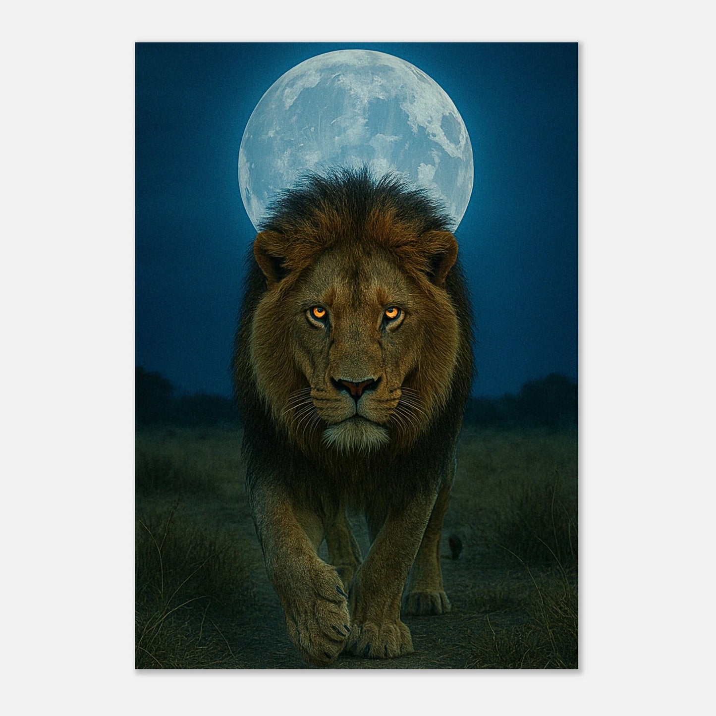 Seitenansicht des Wild Nights Posters mit Löwe vor strahlendem Vollmond