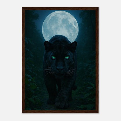 Wild Nights Panther Poster mit dunkelbraunem Holzrahmen – mystisches Tierbild mit Panther und Mond.