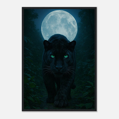 Wild Nights Panther Poster mit schwarzem Holzrahmen – geheimnisvolle Wandkunst mit Panther unter dem Vollmond.