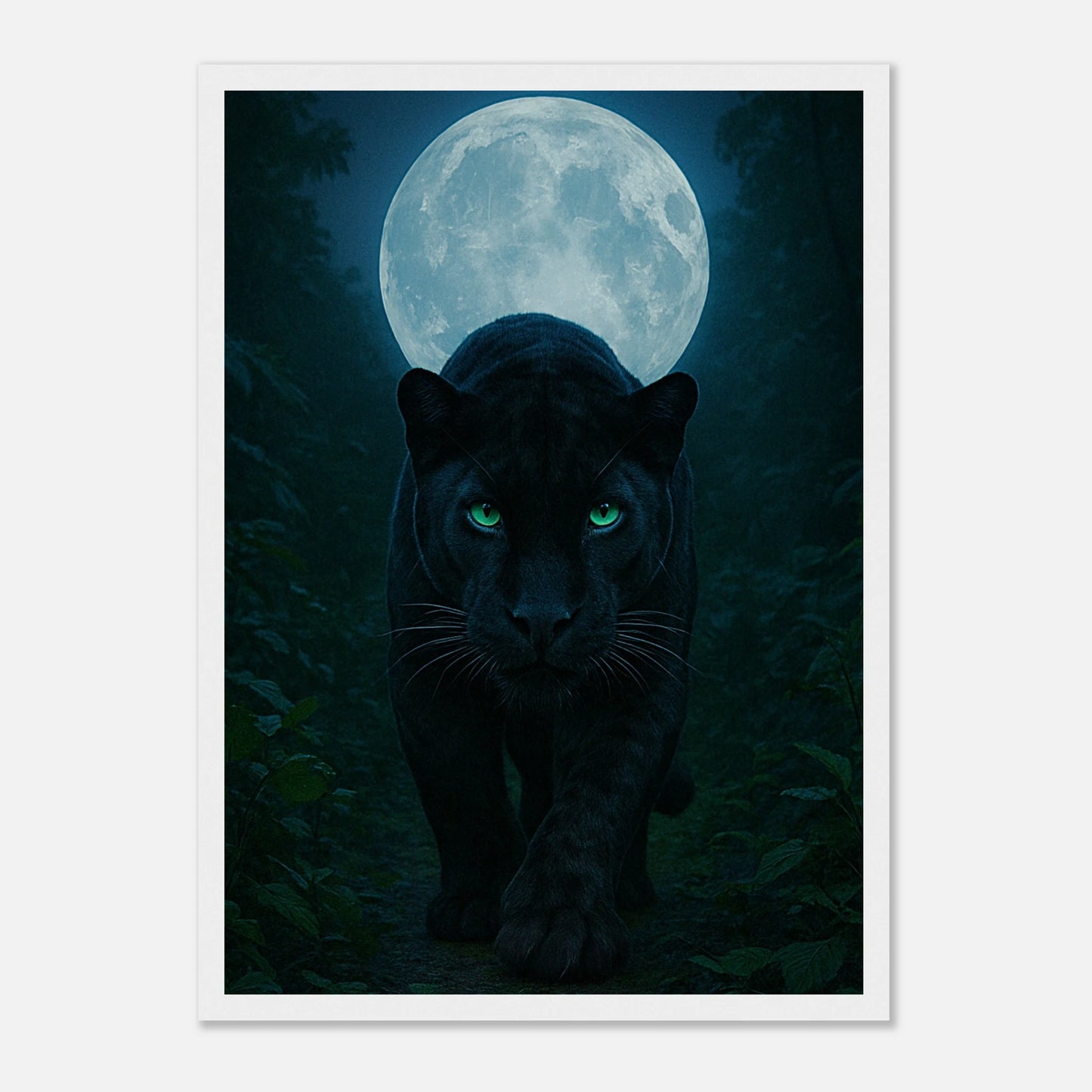 Wild Nights Panther Poster mit weißem Holzrahmen – elegante Tierkunst mit Panther unter dem Vollmond.